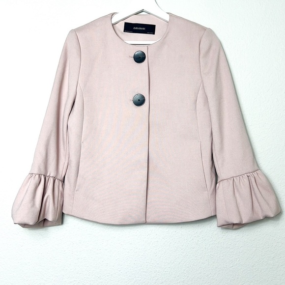 Zara Light Pink Blush Blazer Jacket Ruffle Cuff Double Button - Picture 3 of 8